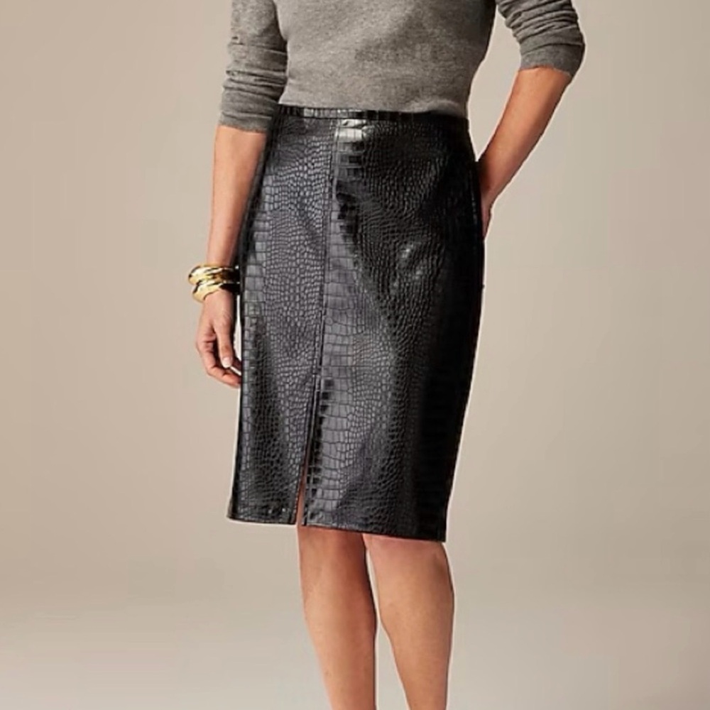 J Crew Black Croc-Embossed Pencil Skirt
